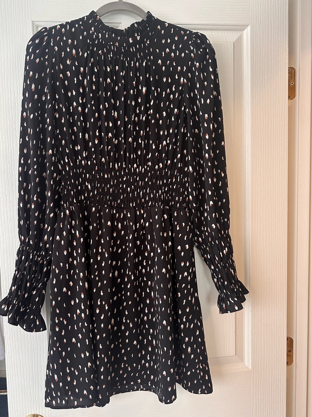 THML Black Long-Sleeve Smocked Waist Mini Dress with Cream Spots